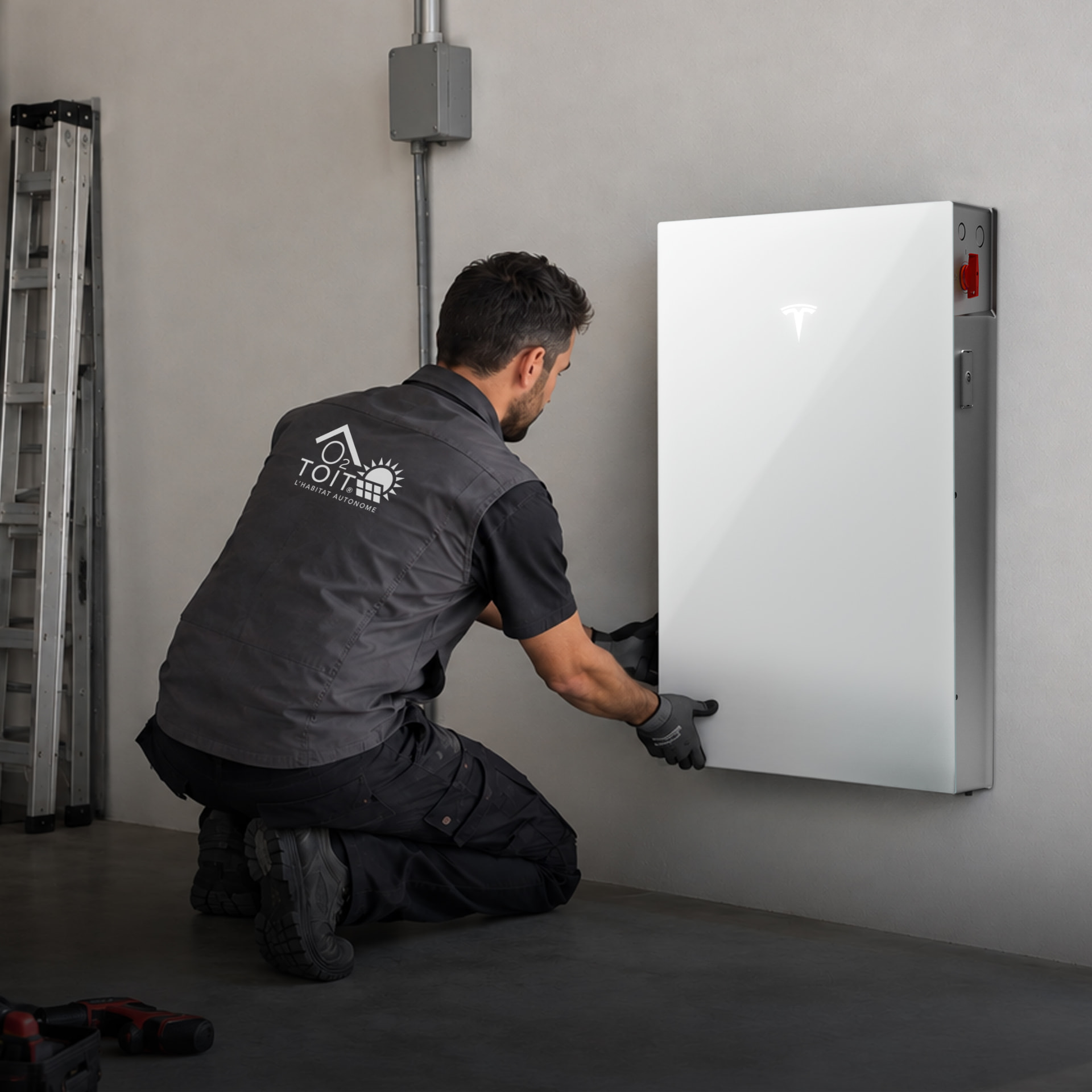 Technicien O2 TOIT installant une batterie Tesla Powerwall dans un garage