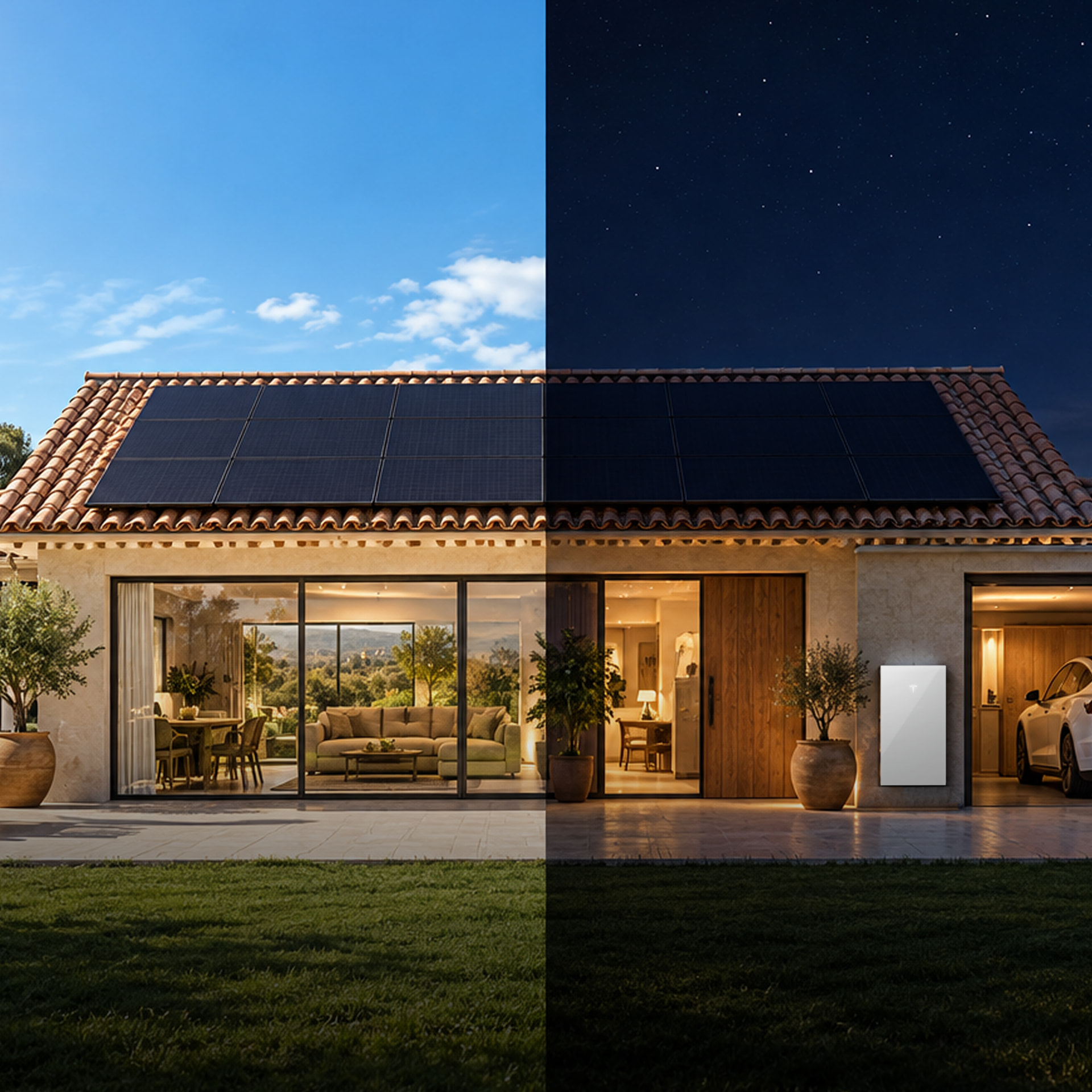 Maison méditerranéenne de jour à gauche et de nuit à droite, avec panneaux solaires sur le toit et batterie Tesla Powerwall sur la façade
